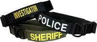 Three belts with 'Investigator', 'Police', and 'Sheriff' text on a white background